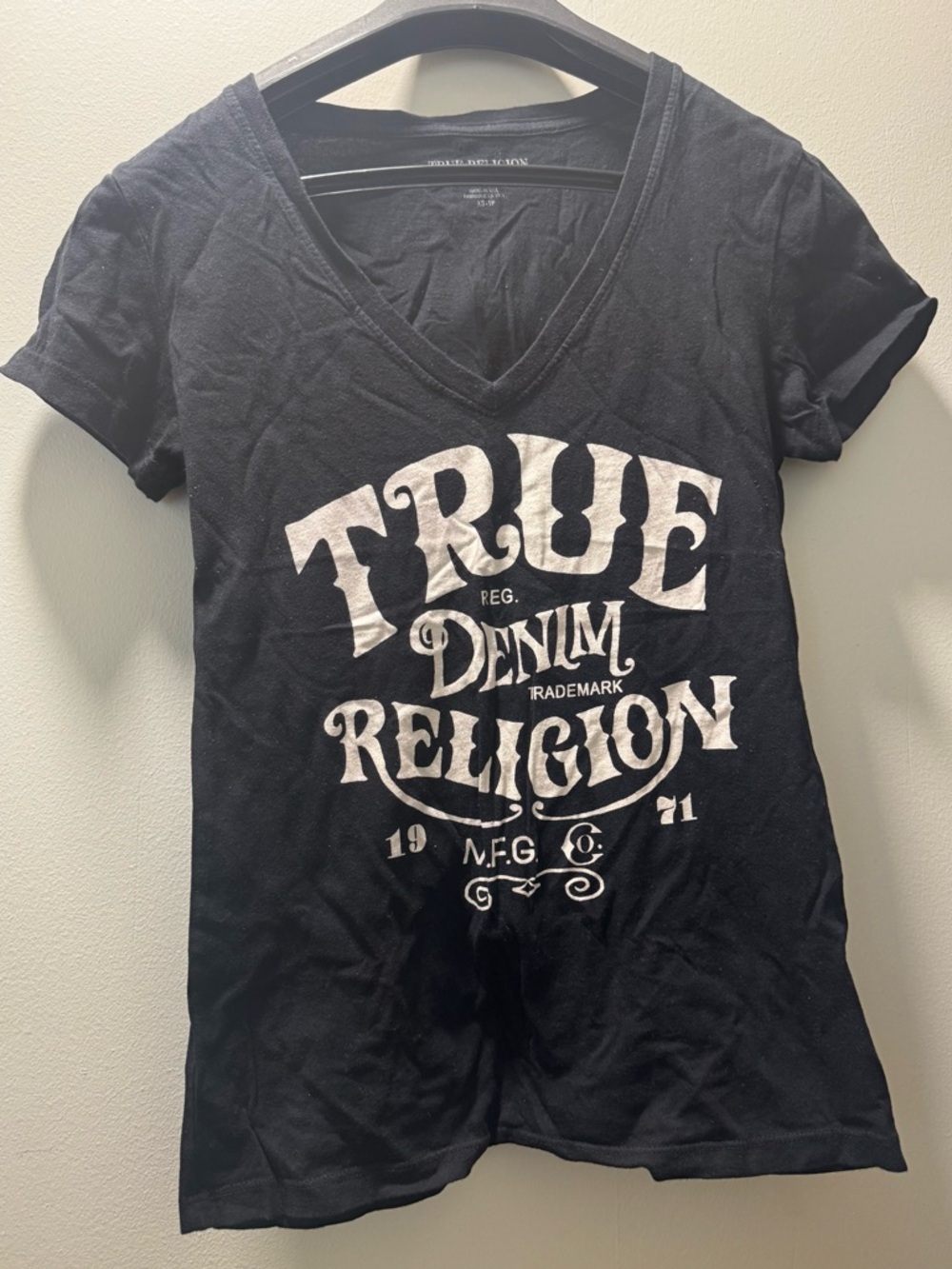 True Religion Black V-Neck Graphic Tee with White Logo